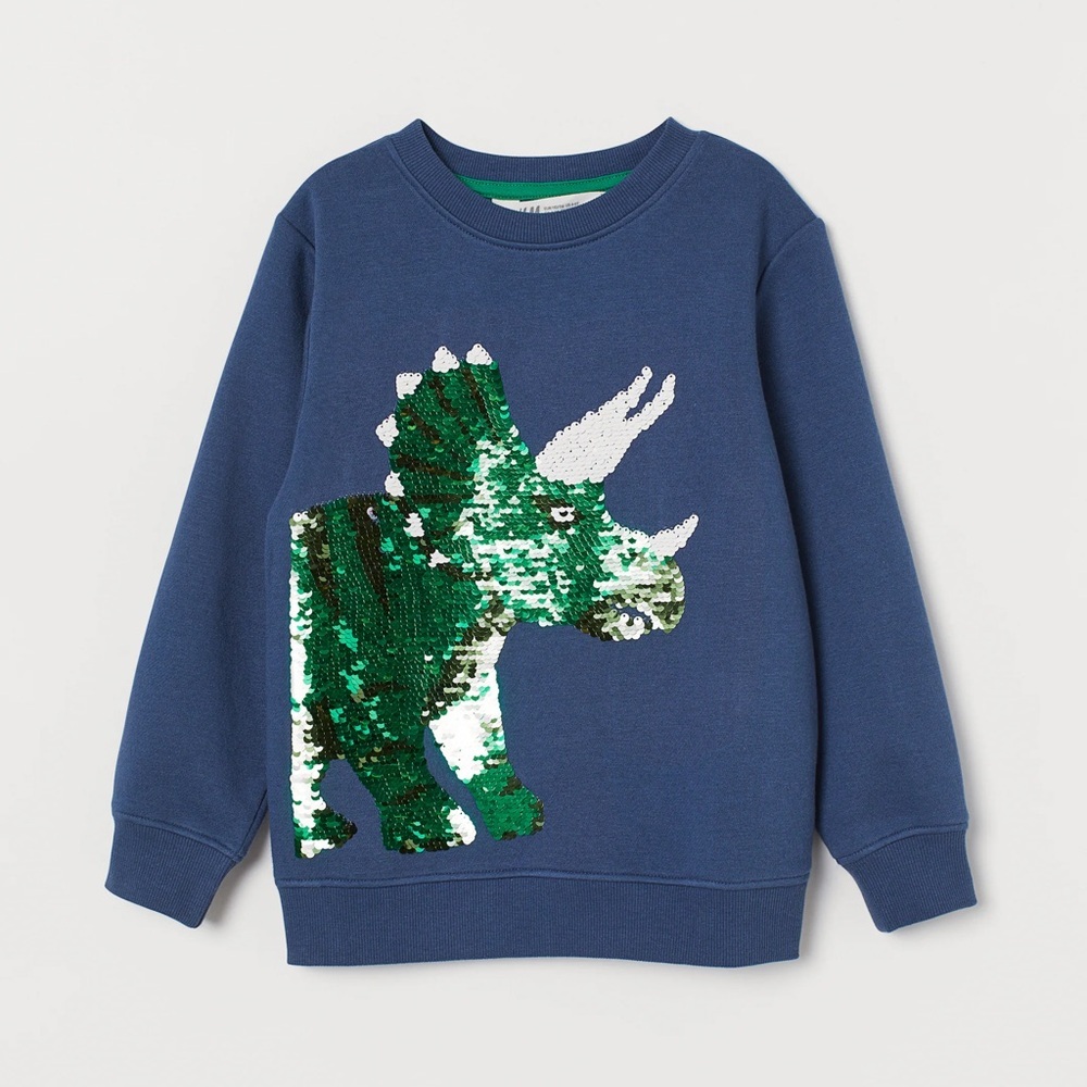 H&M BOYS SEQUINS DINOSAUR SWEATSHIRT - BLUE  SIZE 4-6YRS (NEW WITH TAGS) A12